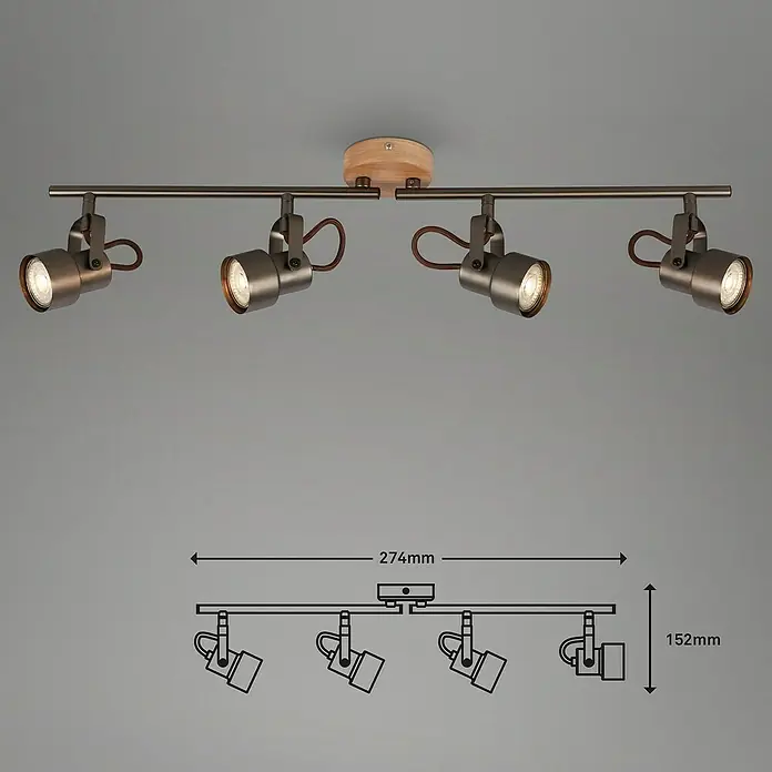 Briloner Tahun Regleta - 20 W, L x An x Al: 68,4 x 9 x 15,5 cm, Gris/Marrón, GU10, 4 ud. - Lámpara de techo con cuatro focos de metal y base de madera para una iluminación uniforme de la habitación. Iluminación moderna y elegante.