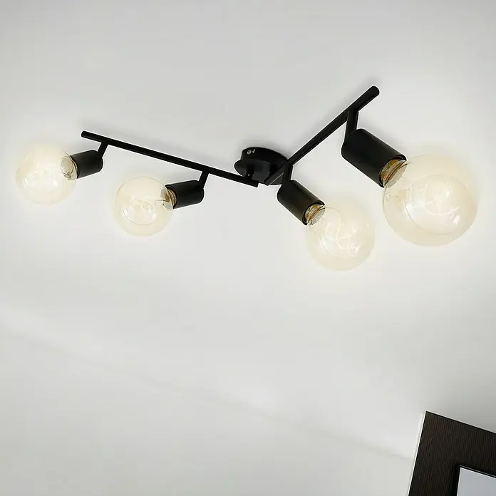 Briloner Pearl Regleta - 240 W, L x An x Al: 69,5 x 10 x 10,5 cm, Negro, Negro, E27, 4 ud. - Moderna lámpara de techo negra con cuatro bombillas Edison, que emiten una luz cálida y crean un ambiente elegante.