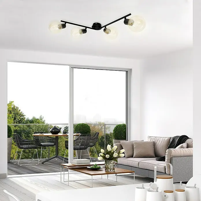 Briloner Pearl Regleta - 240 W, L x An x Al: 69,5 x 10 x 10,5 cm, Negro, Negro, E27, 4 ud. - Elegante lámpara de techo con cuatro globos de cristal y una estructura de metal negro, agregando un acento moderno y elegante a la habitación.