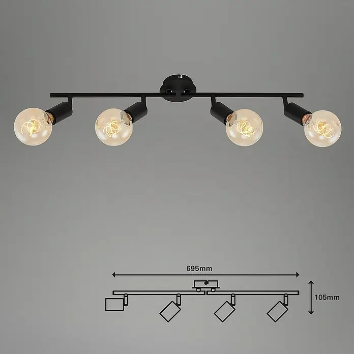 Briloner Pearl Regleta - 240 W, L x An x Al: 69,5 x 10 x 10,5 cm, Negro, Negro, E27, 4 ud. - Foco de techo negro de cuatro luces, un diseño moderno para una iluminación elegante en cualquier espacio.