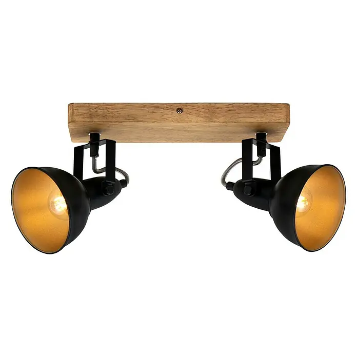Briloner Barnim Regleta - 50 W, L x An x Al: 28 x 11 x 15,7 cm, Negro/Marrón, Negro/Dorado, E14, 2 ud. - Lámpara de techo con dos focos negros y soporte de madera para una iluminación elegante.
