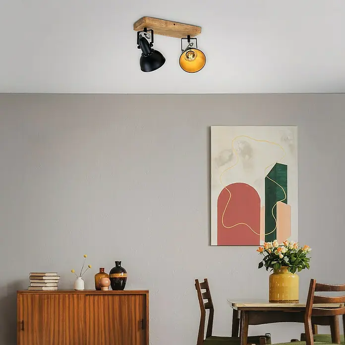 Briloner Barnim Regleta - 50 W, L x An x Al: 28 x 11 x 15,7 cm, Negro/Marrón, Negro/Dorado, E14, 2 ud. - La lámpara de techo con dos focos en negro y dorado garantiza una iluminación elegante. Los detalles de madera completan el diseño.