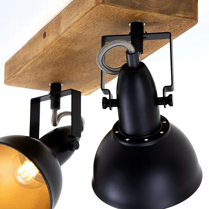 Briloner Barnim Regleta - 50 W, L x An x Al: 28 x 11 x 15,7 cm, Negro/Marrón, Negro/Dorado, E14, 2 ud. - Primer plano de una lámpara de techo con dos pantallas negras y una base de madera, que añade un toque rústico.