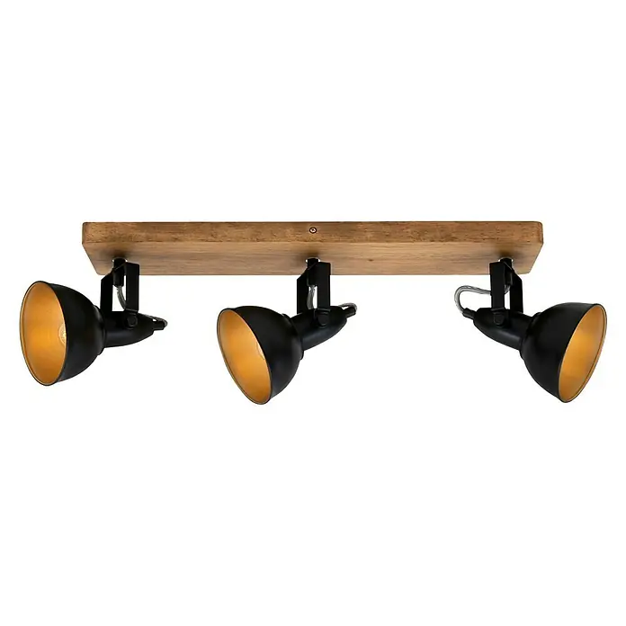 Briloner Barnim Regleta - 75 W, L x An x Al: 50 x 11 x 15,7 cm, Negro/Marrón, Negro/Dorado, E14, 3 ud. - Lámpara de techo con tres focos negros y base de madera para iluminación elegante.