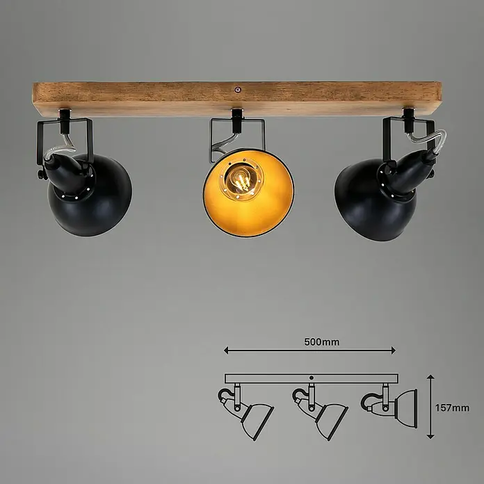 Briloner Barnim Regleta - 75 W, L x An x Al: 50 x 11 x 15,7 cm, Negro/Marrón, Negro/Dorado, E14, 3 ud. - Lámpara de techo con tres focos, tabla de madera y pantallas negras. La luz del medio está encendida iluminando el espacio.