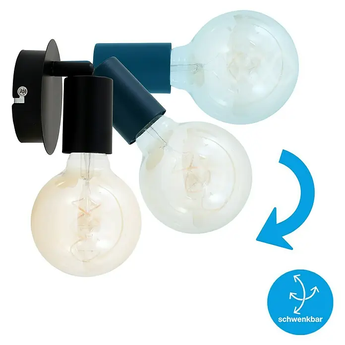 Briloner Pearl Aplique de pared redondo - 60 W, Ø x Al: 10 x 8 cm, Negro, Negro, E27 - La imagen muestra una lámpara de pared giratoria con una bombilla grande en diferentes posiciones para destacar su flexibilidad.