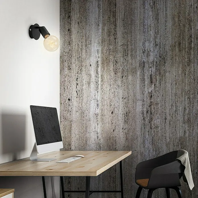 Briloner Pearl Aplique de pared redondo - 60 W, Ø x Al: 10 x 8 cm, Negro, Negro, E27 - Lámpara de pared negra con bombilla Edison sobre un escritorio con ordenador, iluminación elegante en la habitación.
