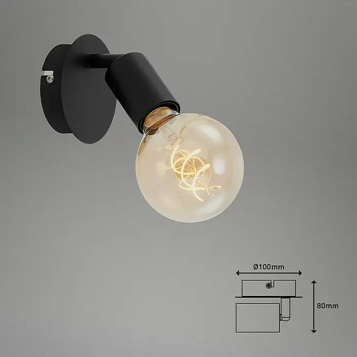 Briloner Pearl Aplique de pared redondo - 60 W, Ø x Al: 10 x 8 cm, Negro, Negro, E27 - Aplique de pared negro con una bombilla de tono cálido, creando una solución de iluminación acogedora y moderna.