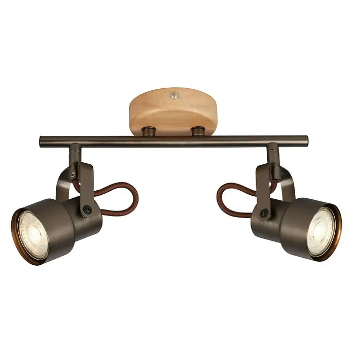 Briloner Tahun Regleta - 10 W, L x An x Al: 27,4 x 9 x 15,2 cm, Gris/Marrón, GU10, 2 ud. - Elegante lámpara de techo con dos focos. La lámpara cuenta con un soporte de madera y cables marrones flexibles. Perfecto para la iluminación de acento.