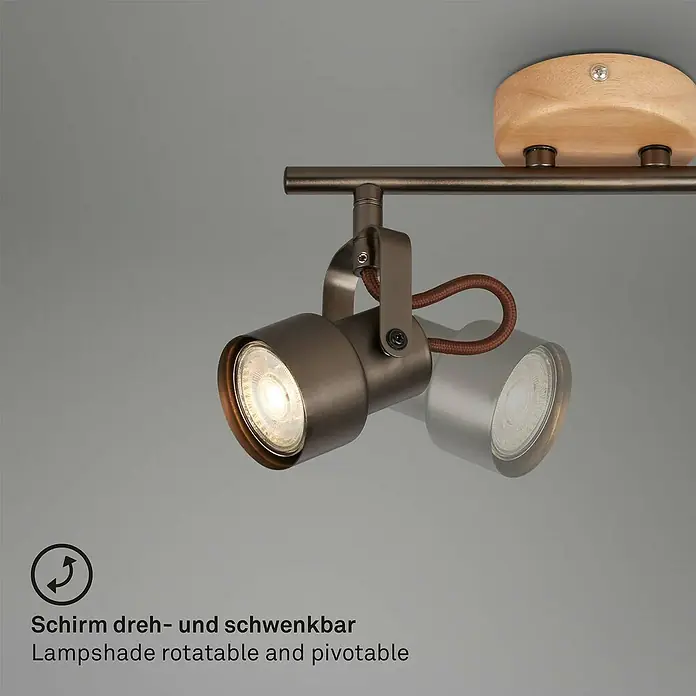 Briloner Tahun Regleta - 10 W, L x An x Al: 27,4 x 9 x 15,2 cm, Gris/Marrón, GU10, 2 ud. - Primer plano de una lámpara de techo giratoria con dos focos de bronce y madera para iluminación flexible.