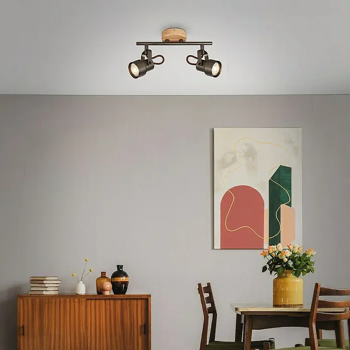 Briloner Tahun Regleta - 10 W, L x An x Al: 27,4 x 9 x 15,2 cm, Gris/Marrón, GU10, 2 ud. - Lámpara de techo con dos focos en bronce y aspecto de madera para una iluminación elegante en la habitación.