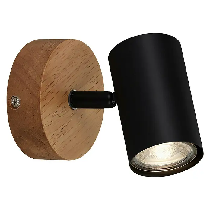 Briloner Muritz Aplique de pared redondo - 35 W, Ø x Al: 9 x 12 cm, Negro/Marrón, GU10 - Lámpara de pared moderna con una base redonda de madera y un cabezal cilíndrico giratorio de metal negro. Ideal para iluminación enfocada.