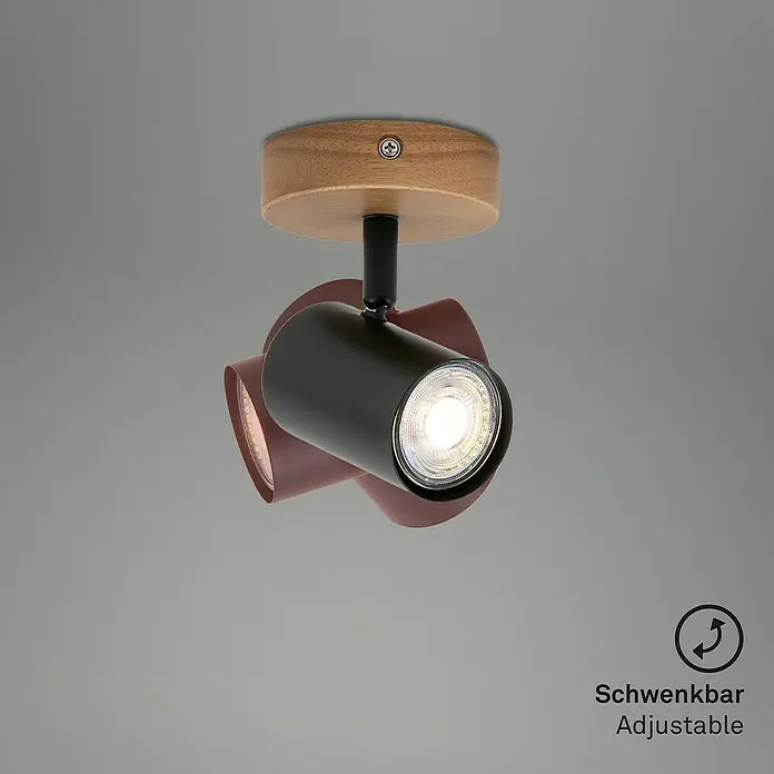 Briloner Muritz Aplique de pared redondo - 35 W, Ø x Al: 9 x 12 cm, Negro/Marrón, GU10 - Lámpara de techo moderna con dos focos ajustables en negro y rosa, montada sobre una base redonda de madera.