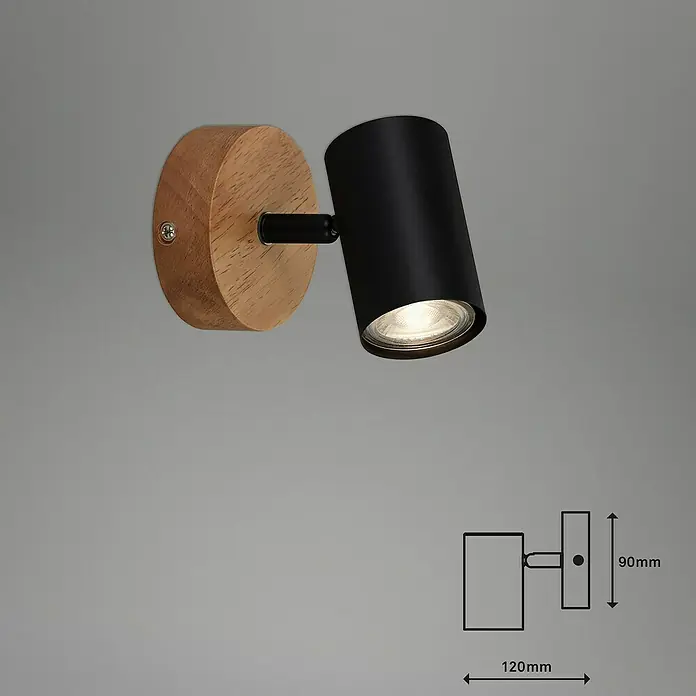 Briloner Muritz Aplique de pared redondo - 35 W, Ø x Al: 9 x 12 cm, Negro/Marrón, GU10 - Lámpara de pared con base de madera y pantalla negra, ideal para iluminación ambiental.
