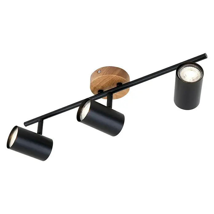 Briloner Muritz Regleta - 105 W, L x An x Al: 47,3 x 9 x 14,3 cm, Negro/Marrón, GU10, 3 ud. - Lámpara de techo con tres focos en negro y aspecto de madera. Los focos son ajustables y proporcionan una iluminación óptima.