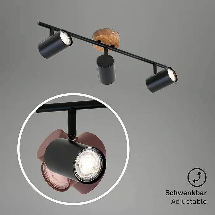 Briloner Muritz Regleta - 105 W, L x An x Al: 47,3 x 9 x 14,3 cm, Negro/Marrón, GU10, 3 ud. - Lámpara de techo moderna de tres luces con focos ajustables y elemento de madera para una iluminación flexible y elegante en la habitación.