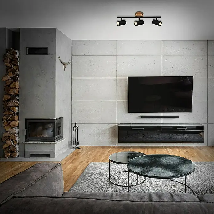 Briloner Muritz Regleta - 105 W, L x An x Al: 47,3 x 9 x 14,3 cm, Negro/Marrón, GU10, 3 ud. - Iluminación moderna de salón con un elegante foco triple negro en el techo, que complementa el diseño minimalista de la habitación.
