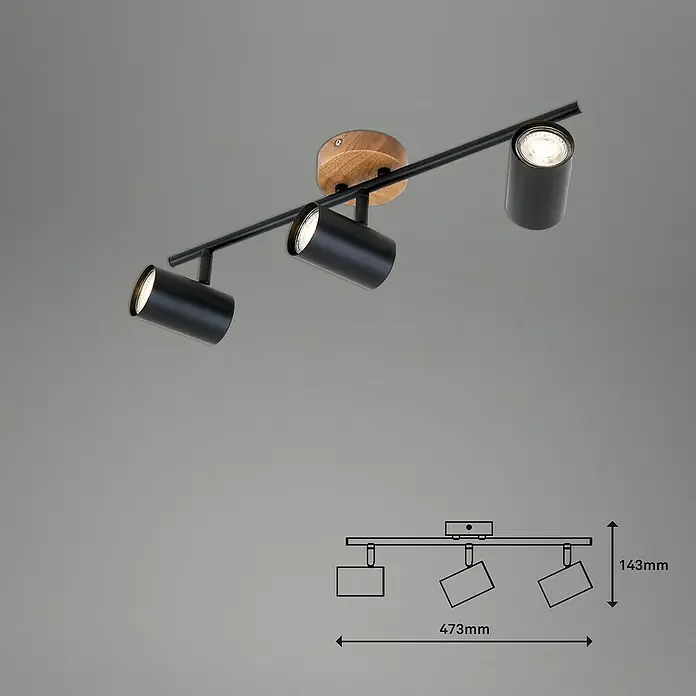 Briloner Muritz Regleta - 105 W, L x An x Al: 47,3 x 9 x 14,3 cm, Negro/Marrón, GU10, 3 ud. - Lámpara de techo con tres focos en negro y aspecto de madera, ideal para espacios modernos. Iluminación precisa y diseño elegante.