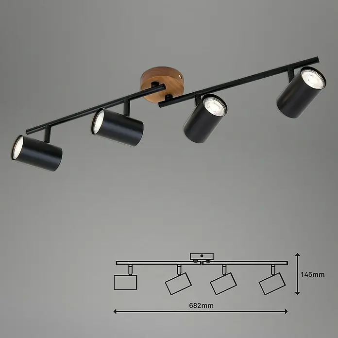 Briloner Muritz Regleta - 140 W, L x An x Al: 68,2 x 9 x 14,5 cm, Negro/Marrón, GU10, 4 ud. - Lámpara de techo con cuatro focos en negro y aspecto de madera. La luz ofrece una solución de iluminación moderna para interiores.