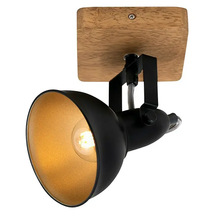 Briloner Barnim Aplique de pared redondo - 25 W, Ø x Al: 11 x 15,5 cm, Negro/Marrón, Negro/Dorado, E14 - Primer plano de una lámpara de techo negra con interior dorado y base de madera sobre un fondo negro.