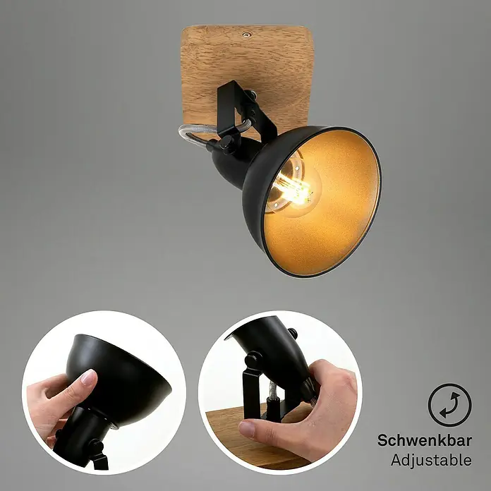 Briloner Barnim Aplique de pared redondo - 25 W, Ø x Al: 11 x 15,5 cm, Negro/Marrón, Negro/Dorado, E14 - Imagen del producto de una lámpara de pared negra y ajustable con base de madera e interior dorado.
