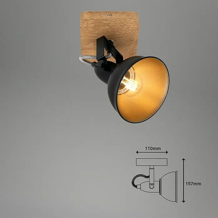 Briloner Barnim Aplique de pared redondo - 25 W, Ø x Al: 11 x 15,5 cm, Negro/Marrón, Negro/Dorado, E14 - Foco de pared de madera con pantalla negra e interior dorado para iluminación ambiental.