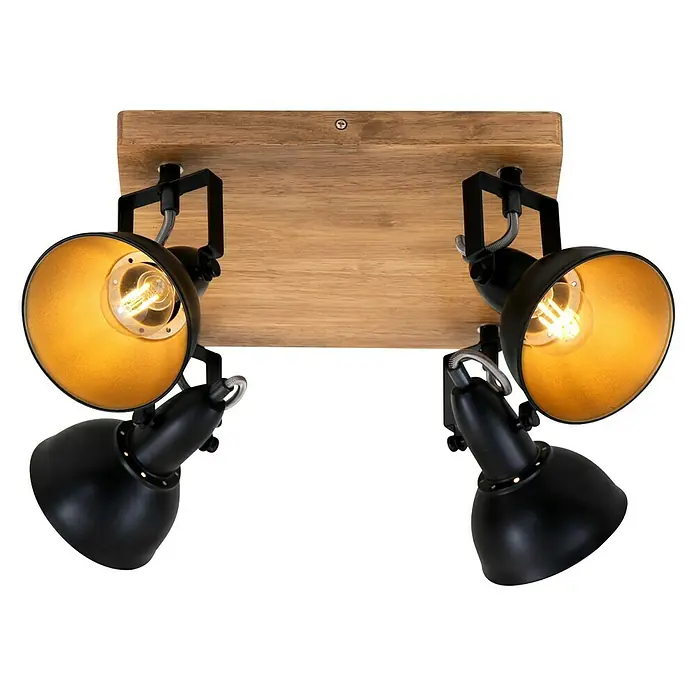 Briloner Barnim Regleta - 100 W, L x An x Al: 28 x 28 x 15,7 cm, Negro/Marrón, Negro/Dorado, E14, 4 ud. - Lámpara de viga con cuatro focos y soporte de madera para un ambiente acogedor.