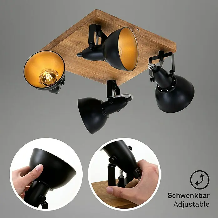 Briloner Barnim Regleta - 100 W, L x An x Al: 28 x 28 x 15,7 cm, Negro/Marrón, Negro/Dorado, E14, 4 ud. - Lámpara de techo de madera con cuatro focos negros ajustables e interior dorado para una iluminación ambiental.