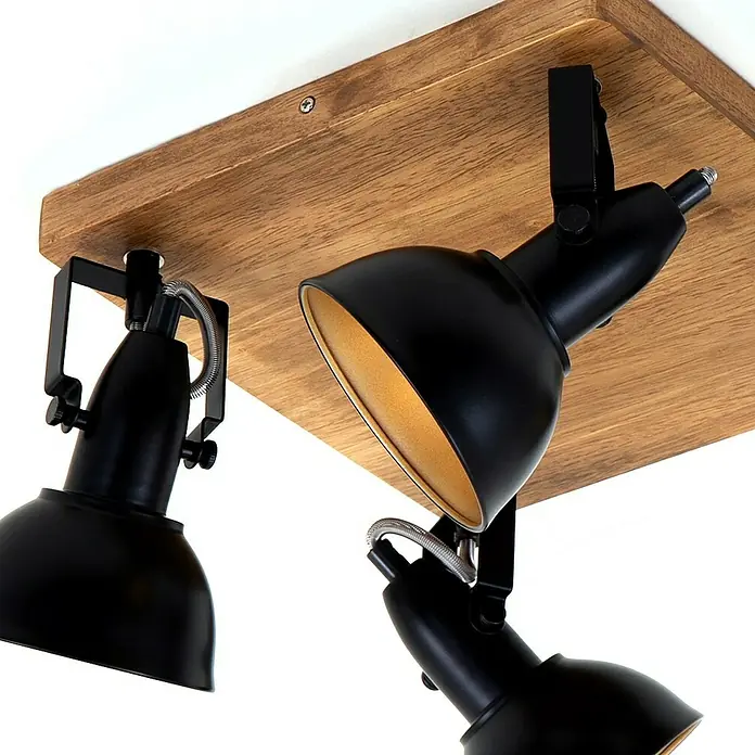Briloner Barnim Regleta - 100 W, L x An x Al: 28 x 28 x 15,7 cm, Negro/Marrón, Negro/Dorado, E14, 4 ud. - Lámpara de techo con base de madera y tres focos negros orientables. Las lámparas son giratorias y dan luz flexible.