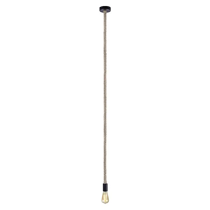Globo Lámpara colgante redonda Cuerda - 60 W, Ø x Al: 10 x 160 cm, Negro, E27 - Primer plano de una elegante lámpara colgante con cuerda trenzada y luz cálida de bombilla, perfecta para iluminación ambiental.