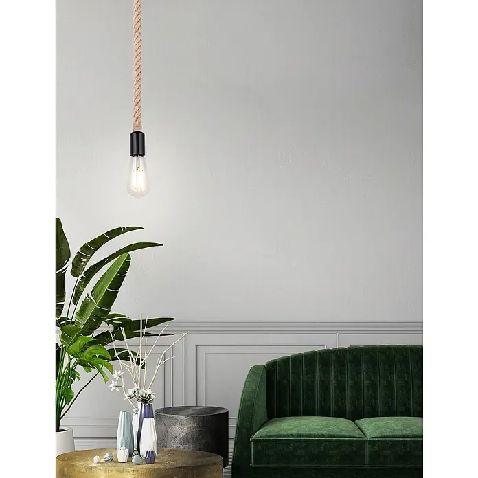 Globo Lámpara colgante redonda Cuerda - 60 W, Ø x Al: 10 x 160 cm, Negro, E27 - Lámpara colgante con suspensión de cuerda y bombilla en un interior elegante, creando un ambiente cálido y acogedor.