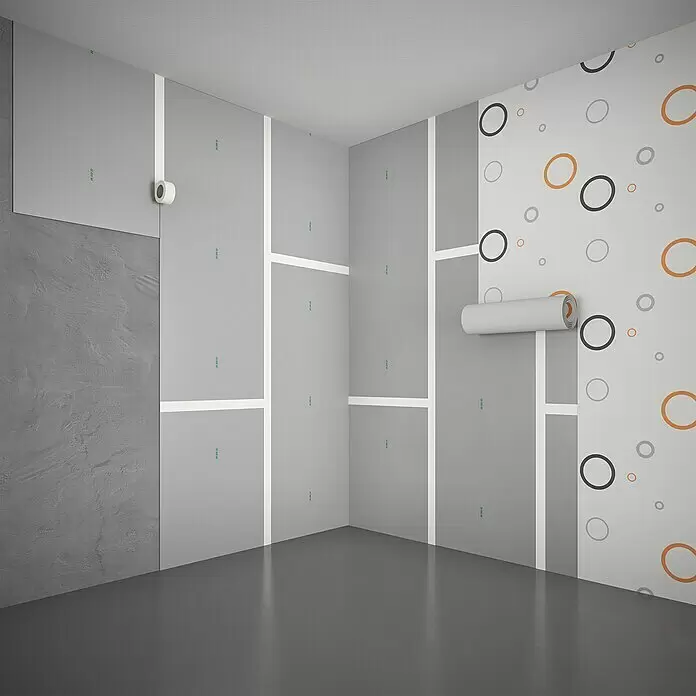 Nmc Noma Dämmplatte noma®plan 7 mm - 4 Stk., L x B x H: 1,6 m x 0,62 m x 7 mm, Max. Anwendungsfläche: 4 m², Extrudiertes Polystyrol (XPS) - Zimmer in Renovierung, mit Isolierplatten und einer mit Kreismuster tapezierten Wand.