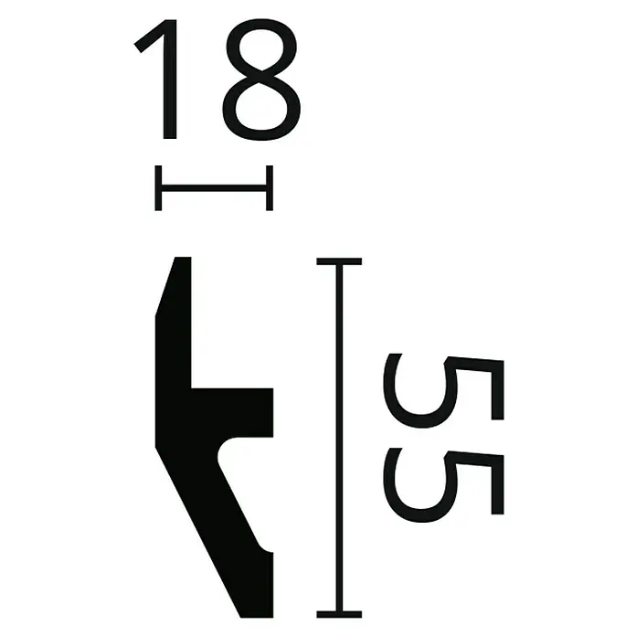 Nmc Decoflair Zierprofil CL13 - L x B x H: 2 m x 18 mm x 55 mm, Hochverdichtetes extrudiertes Polymer (HDPS) - Produktabbildung mit Maßangaben: 18 oben, ein Formteil und 55 rechts, um die Dimensionen des Produkts darzustellen.