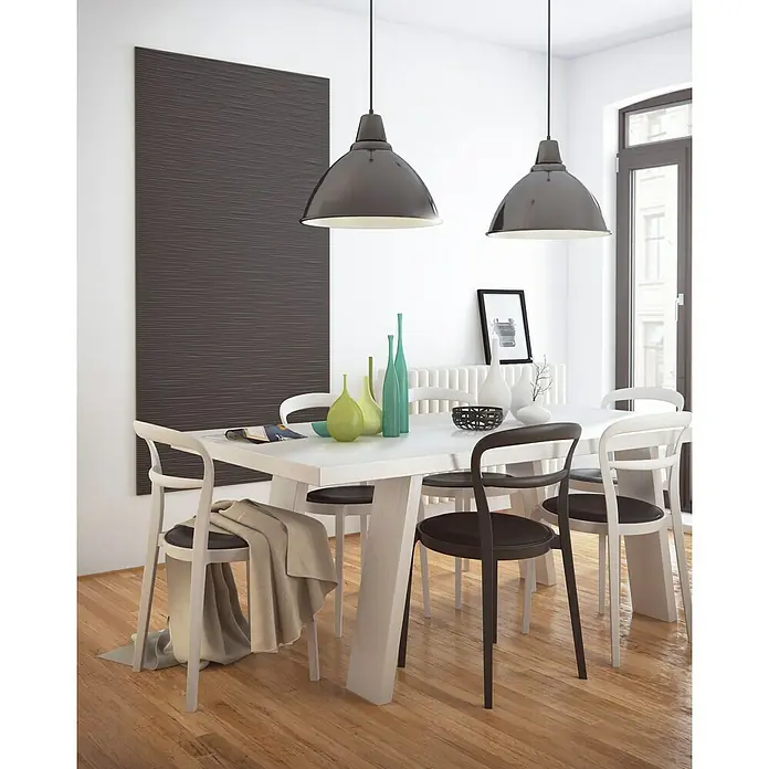 Nmc Decoflair Wandpaneel SAHARA - Weiß, 760 x 380 mm, Kunststoff - Esszimmer mit weißem Tisch, Stühlen, Pendelleuchten und Dekor, das ein modernes Ambiente schafft.