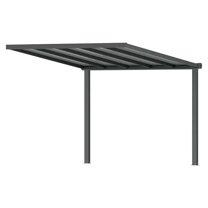 Gardendreams Terrassenüberdachung Comfort - B x T: 304 x 300 cm, Anthrazitgrau, Polycarbonat, Transparent - Abbildung einer modernen, grauen Terrassenüberdachung mit Lamellendach und zwei Stützpfosten, ideal für stilvollen Wetterschutz im Freien.