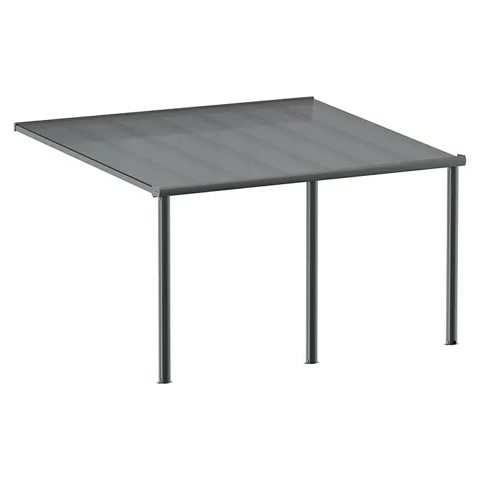 Gardendreams Terrassenüberdachung Comfort - B x T: 424 x 300 cm, Anthrazitgrau, Polycarbonat, Transparent - Das Bild zeigt eine graue Terrassenüberdachung mit vier Pfosten, die Schatten spendet und vor Witterungseinflüssen schützt.