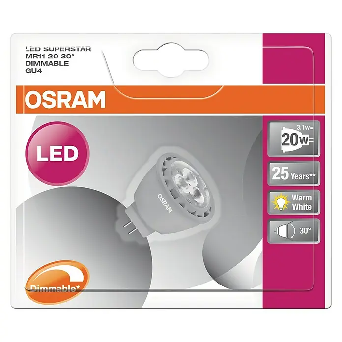 Osram Bombilla LED Superstar MR11 - GU4, Intensidad regulable, Blanco cálido, 184 lm, 2,8 W - Imagen de una bombilla LED OSRAM SUPERSTAR MR11 20 30° GU4 regulable, que proporciona luz blanca cálida eficiente energéticamente y duradera.