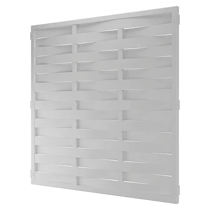 T & J Lightline Sichtschutzelement Lamellen - 180 x 180 cm, Weiß - Nahaufnahme eines modernen, weißen Zaunelements mit horizontalen, gewellten Lamellen und einem minimalistischen Design für den Außenbereich.