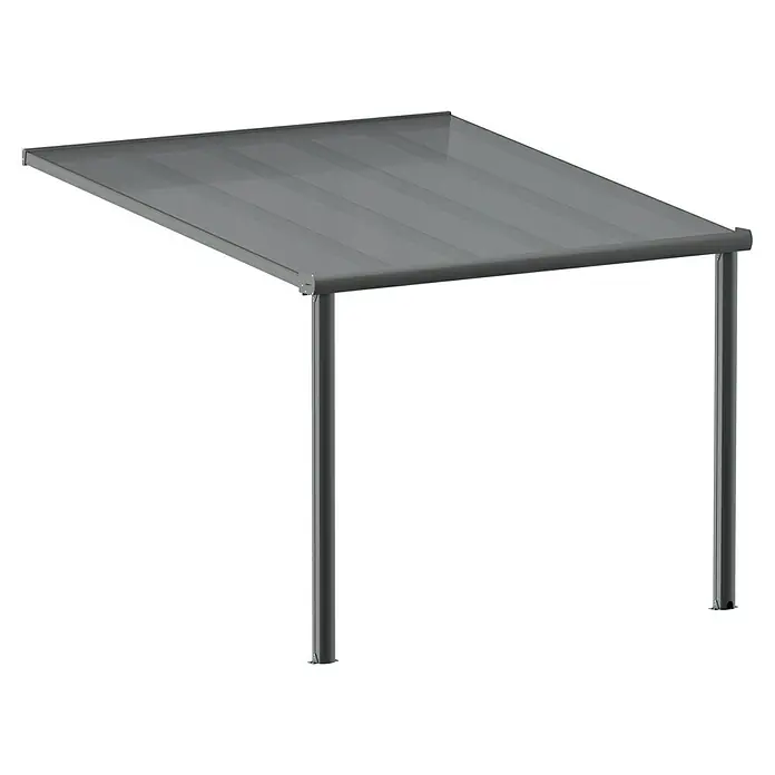Gardendreams Terrassenüberdachung Comfort - B x T: 304 x 300 cm, Anthrazitgrau, Polycarbonat, Transparent - Das Bild zeigt ein modernes, graues Terrassendach. Die Überdachung bietet Schutz und spendet Schatten im Außenbereich.