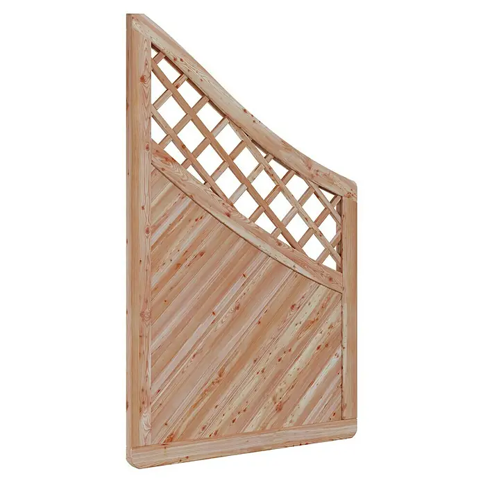 T & J Sichtschutzelement Classico Krone - B x H: 90 x 140 cm, Hellbraun - Dieses Bild zeigt ein stilvolles Holztor mit einem dekorativen Gittereinsatz und diagonalen Holzpaneelen, das rustikal und ansprechend wirkt.