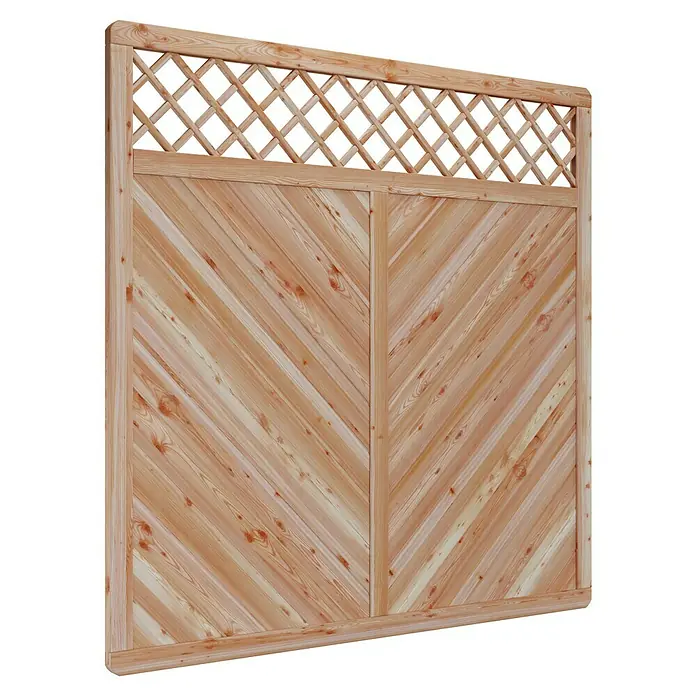 T & J Sichtschutzelement Classico - B x H: 180 x 180 cm, Natur, Mit Rankgitter - Nahaufnahme eines Holzzauns mit diagonalen Brettern und einem Lattenzaun-Abschluss, ideal als Sichtschutz und Gartendekoration.