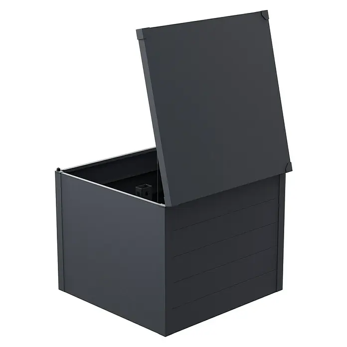 Gardol Komposter - 830 l, 100 x 100 x 83 cm - Das Bild zeigt eine graue Gartenbox mit geöffnetem Deckel. Die Box bietet Stauraum für Gartenutensilien und wirkt modern.