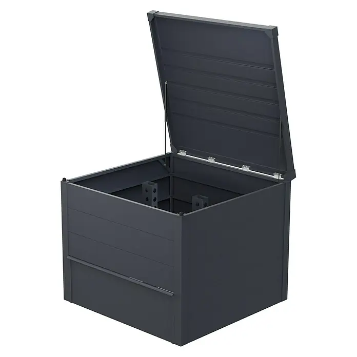 Gardol Komposter - 830 l, 100 x 100 x 83 cm - Geöffnete, dunkelgraue Gartenbox mit gerippter Deckeloberfläche. Perfekt für die Aufbewahrung von Gartenutensilien und Outdoor-Ausrüstung.