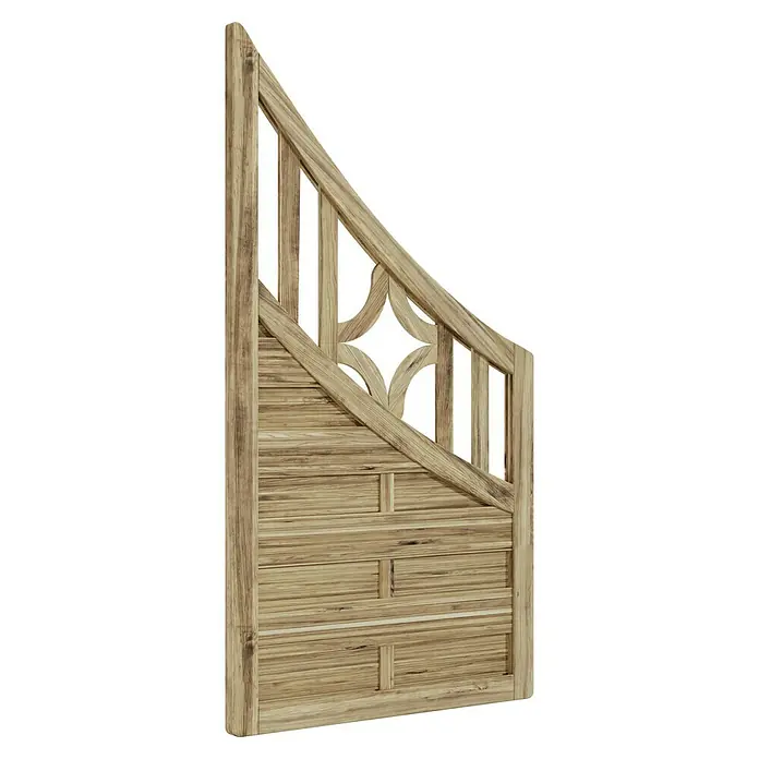 T & J Sichtschutzelement Antikzaun - 90 x 90/160 cm, Braun - Nahaufnahme eines Holzgartentors mit Lattenrost und dekorativen Elementen, das rustikalen Charme und natürliche Eleganz vereint.