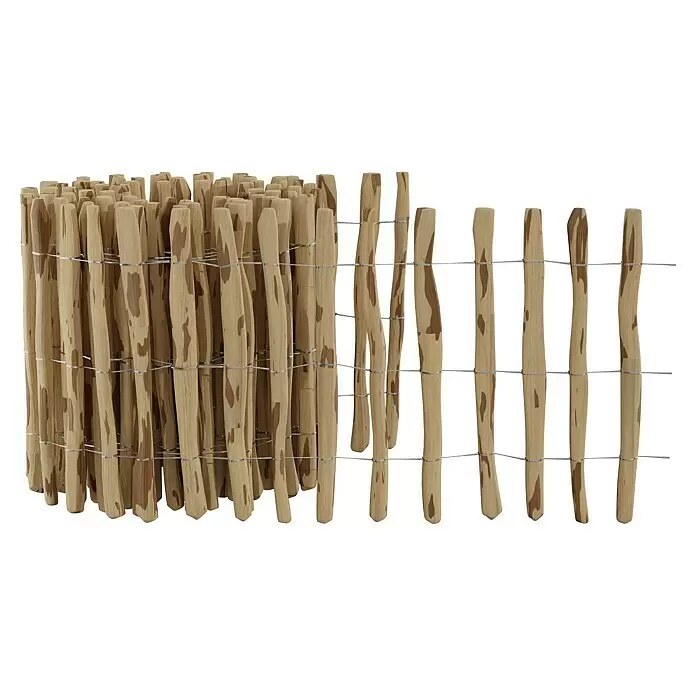 T & J Staketenzaun Rollo 4 cm - B x H: 1.000 x 60 cm, Holz - Hellbrauner Holzzaunabschnitt aus vertikalen Pfählen, mit Draht verbunden.
