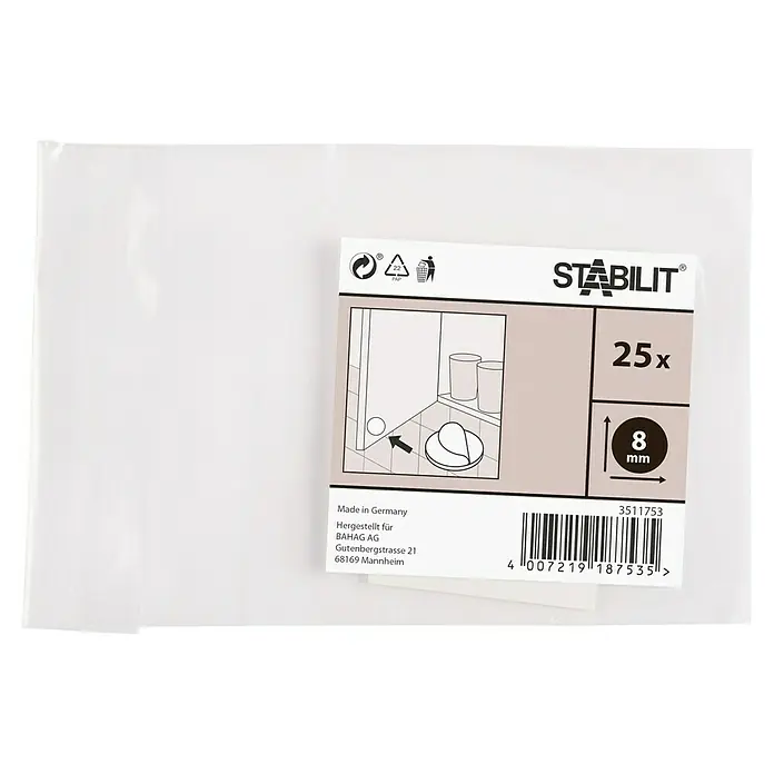 Stabilit Rutsch- & Lärmstopper - Durchmesser: 8 mm, Transparent, Kleben, 25 Stk. - Bild einer Packung STABILIT Türstopper, hergestellt in Deutschland, mit den Maßen 8 mm und einer Menge von 25 Stück.