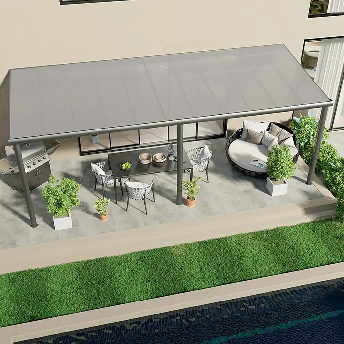 Gardendreams Terrassenüberdachung Comfort - B x T: 604 x 250 cm, Anthrazitgrau, Polycarbonat, Transparent - Überdachter Außenbereich mit Esstisch, Grill und Sitzbereich bietet Schutz und Komfort im Freien.