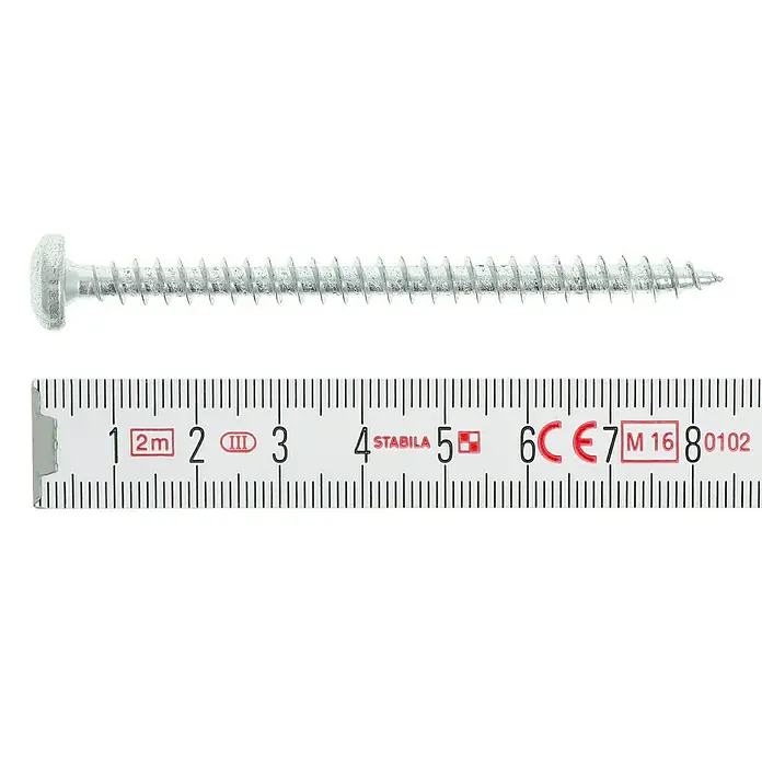 Profi Depot Spanplattenschraube VZ - 6 x 80 mm, 20 Stk., Verzinkt, TX für TORX-Antriebe - Ein silberner Schraube wird mit einem weißen Maßband gemessen, wobei die Länge der Schraube auf etwa 7,5 cm geschätzt wird.