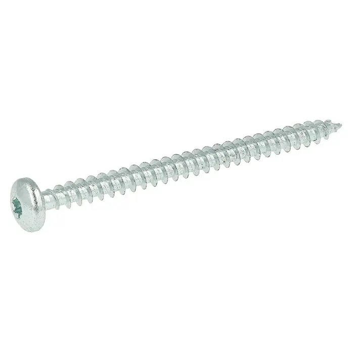 Profi Depot Spanplattenschraube VZ - 6 x 80 mm, 20 Stk., Verzinkt, TX für TORX-Antriebe - Nahaufnahme einer einzelnen silbernen Holzschraube mit Gewinde und Torx-Kopf vor einem schwarzen Hintergrund.
