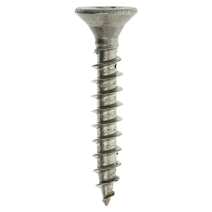 Profi Depot Spanplattenschraube A2 - Durchmesser: 4 mm, Länge: 25 mm, Edelstahl, TX für TORX-Antriebe, Vollgewinde, 200 Stk. - Nahaufnahme einer einzelnen, silbernen Schraube mit scharfen Gewinden vor einem schwarzen Hintergrund.